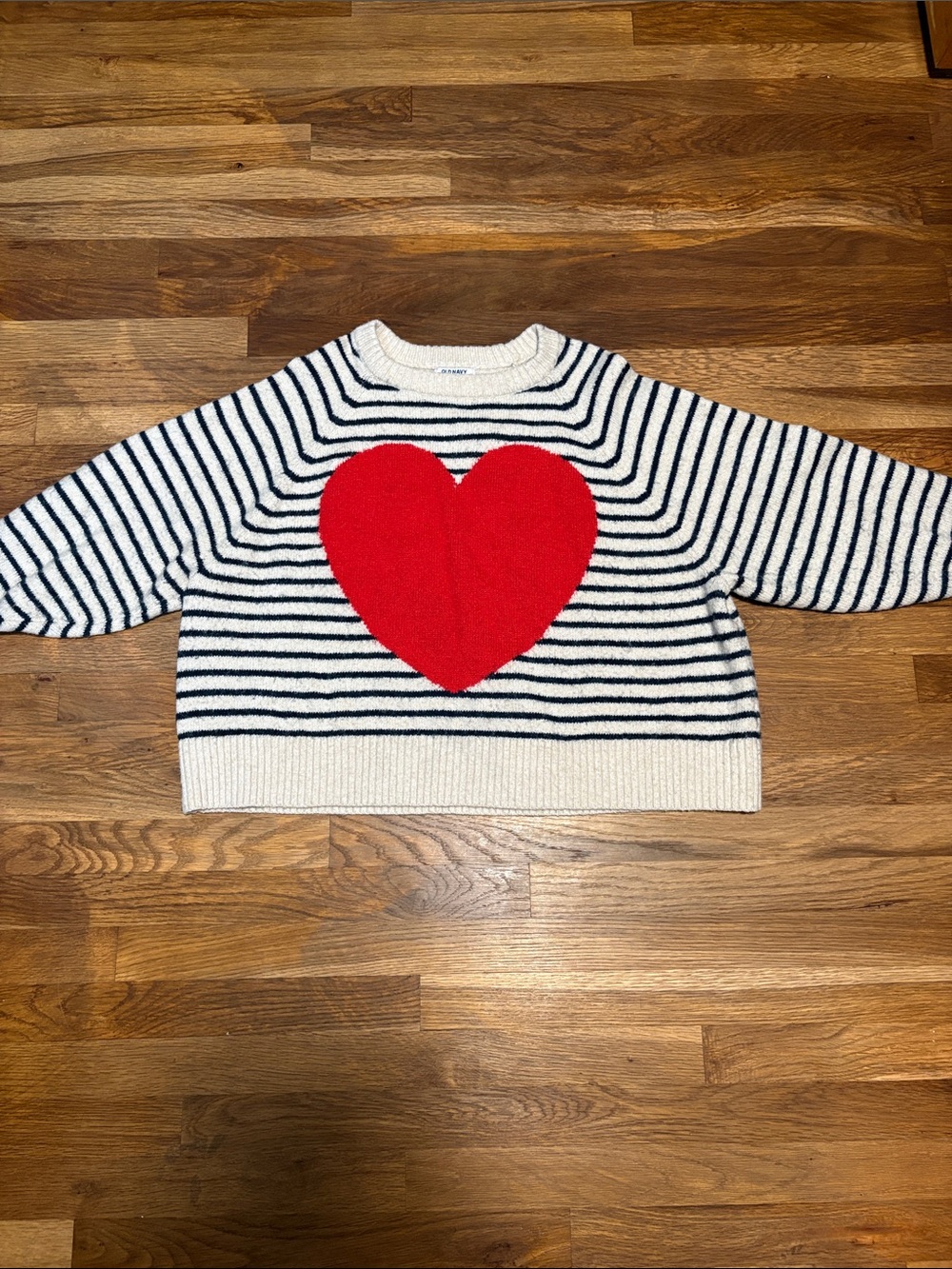 Old Navy white and blue striped Sweater with Red Heart